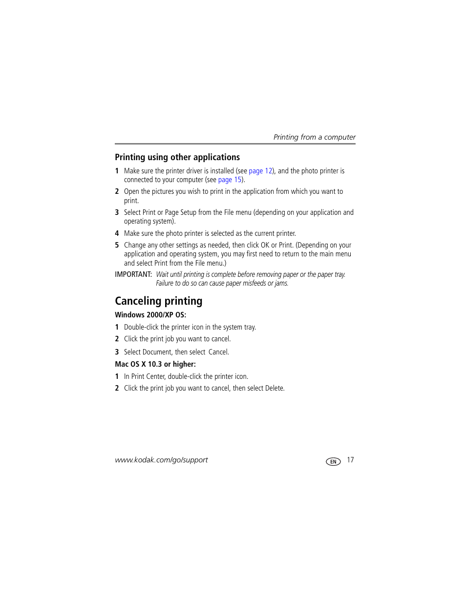 Printing using other applications, Canceling printing | Kodak EasyShare 350 User Manual | Page 23 / 49
