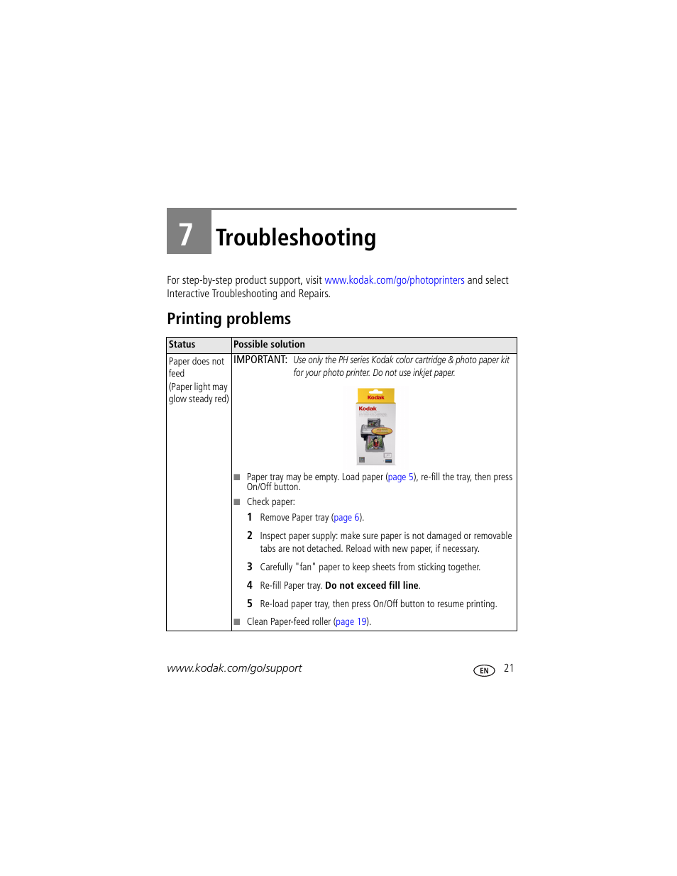 Troubleshooting, Printing problems, 7 troubleshooting | Kodak EasyShare 350 User Manual | Page 27 / 49