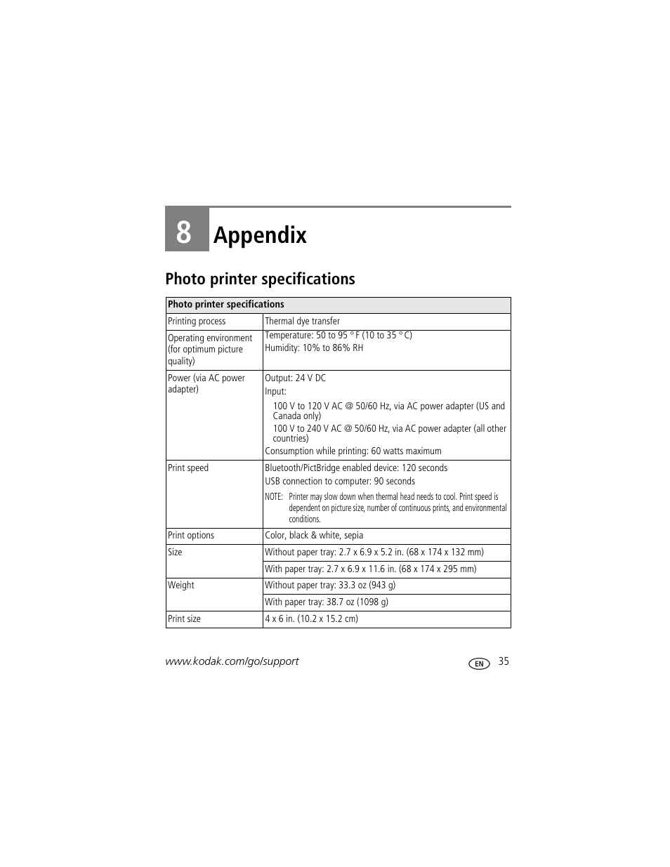 Appendix, Photo printer specifications, 8 appendix | Kodak EasyShare 350 User Manual | Page 41 / 49