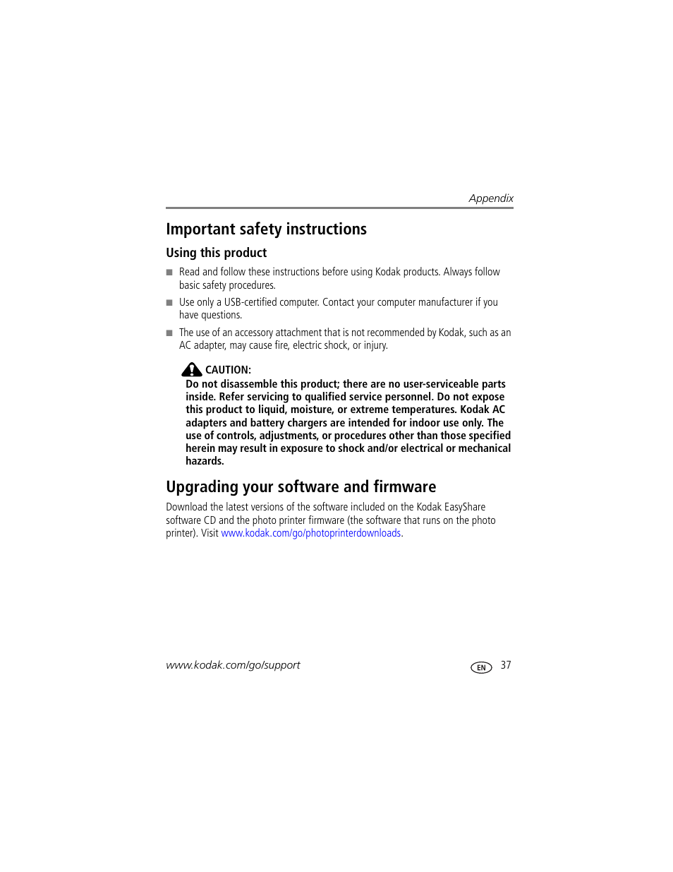 Important safety instructions, Using this product, Upgrading your software and firmware | Kodak EasyShare 350 User Manual | Page 43 / 49