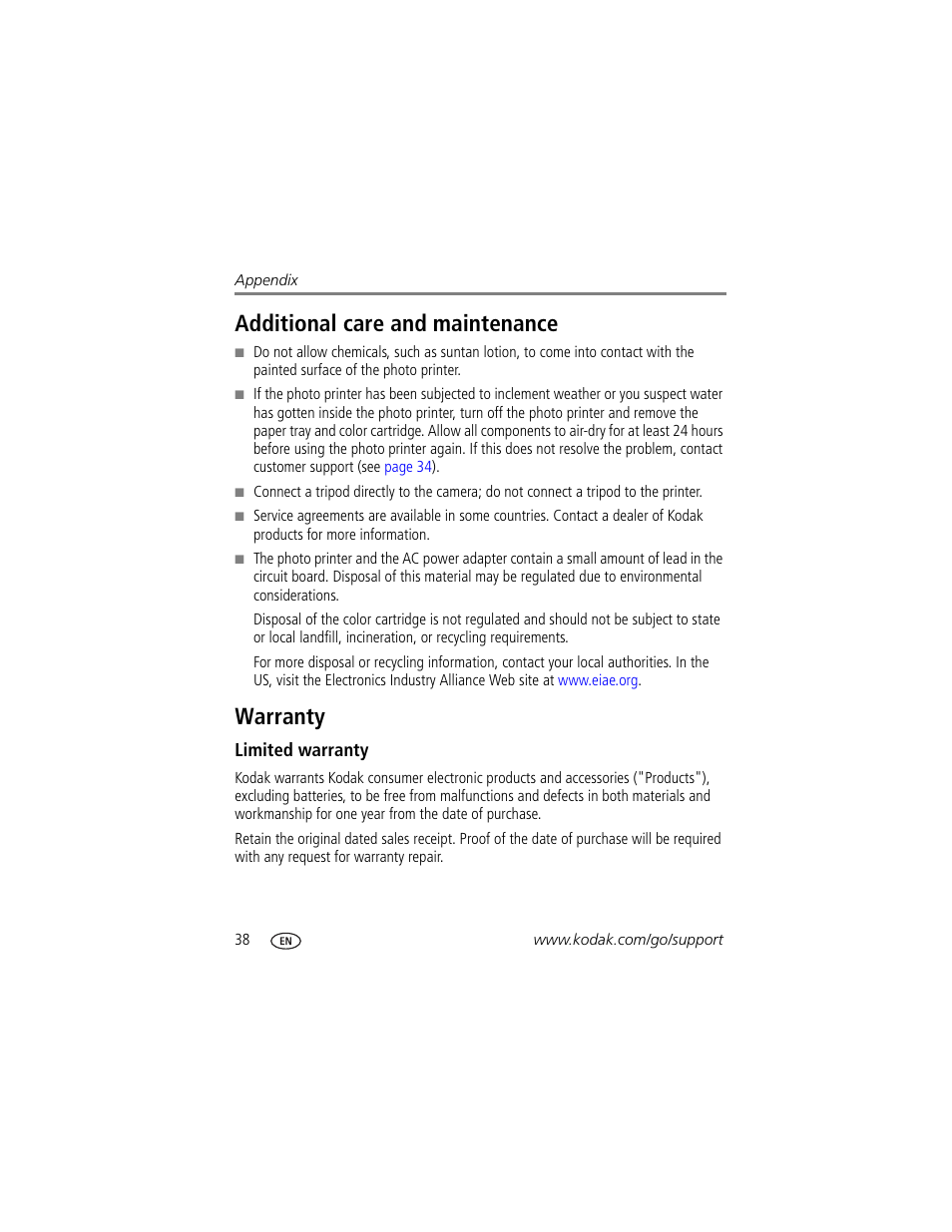 Additional care and maintenance, Warranty, Limited warranty | Additional care and maintenance warranty | Kodak EasyShare 350 User Manual | Page 44 / 49