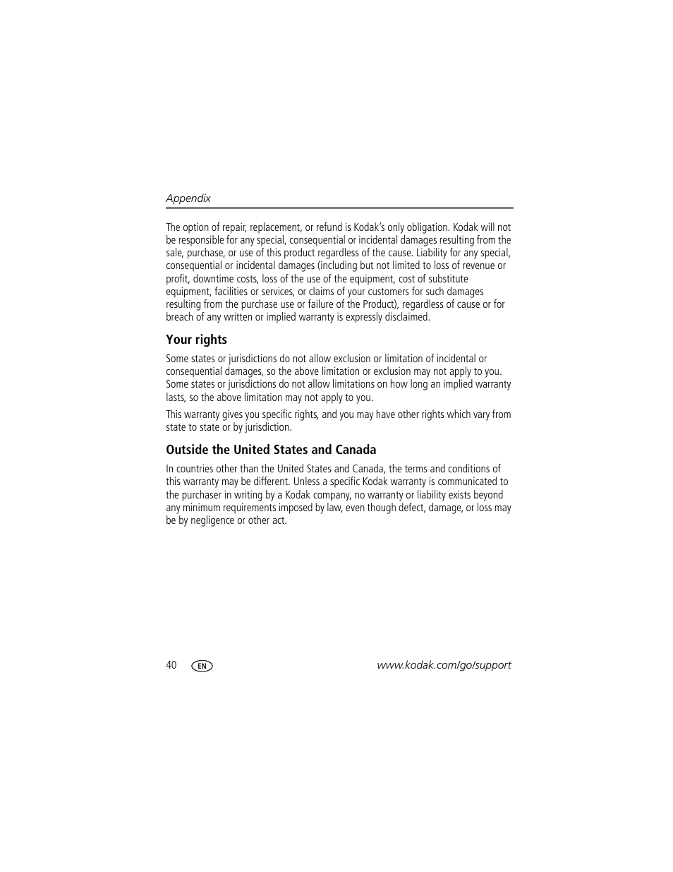 Your rights, Outside the united states and canada | Kodak EasyShare 350 User Manual | Page 46 / 49