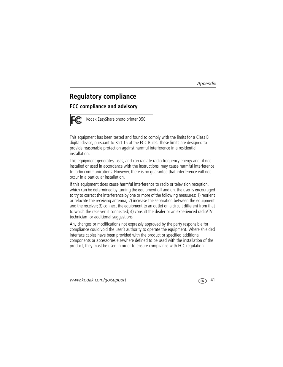 Regulatory compliance, Fcc compliance and advisory | Kodak EasyShare 350 User Manual | Page 47 / 49