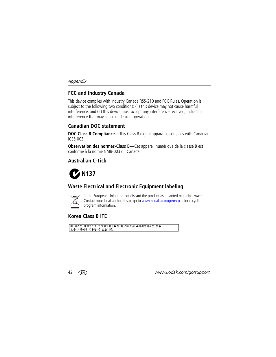 Fcc and industry canada, Canadian doc statement, Australian c-tick | Waste electrical and electronic equipment labeling, Korea class b ite, N137 | Kodak EasyShare 350 User Manual | Page 48 / 49