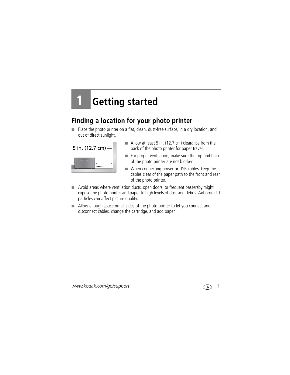 Getting started, Finding a location for your photo printer, 1 getting started | Kodak EasyShare 350 User Manual | Page 7 / 49