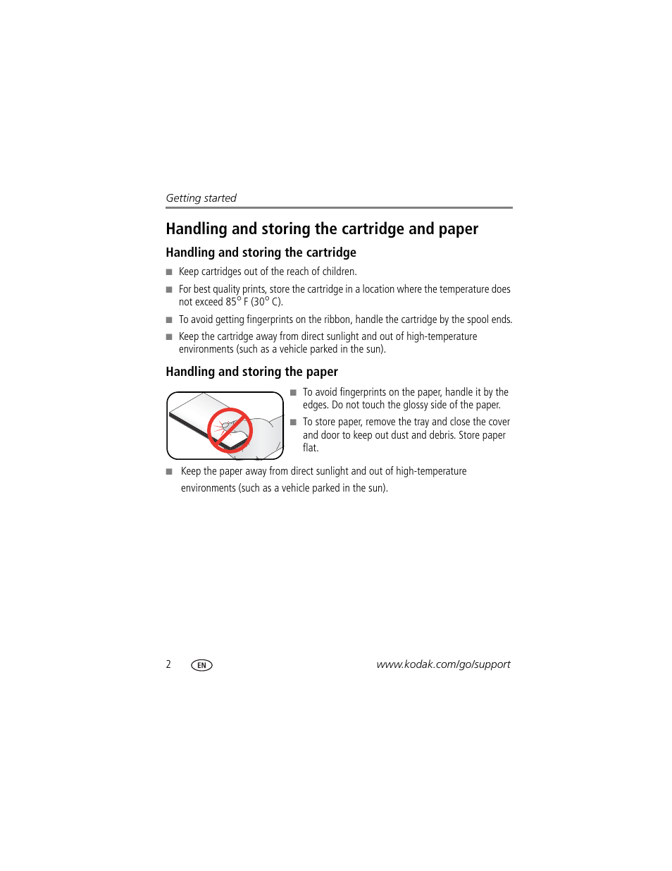 Handling and storing the cartridge and paper, Handling and storing the cartridge, Handling and storing the paper | Kodak EasyShare 350 User Manual | Page 8 / 49