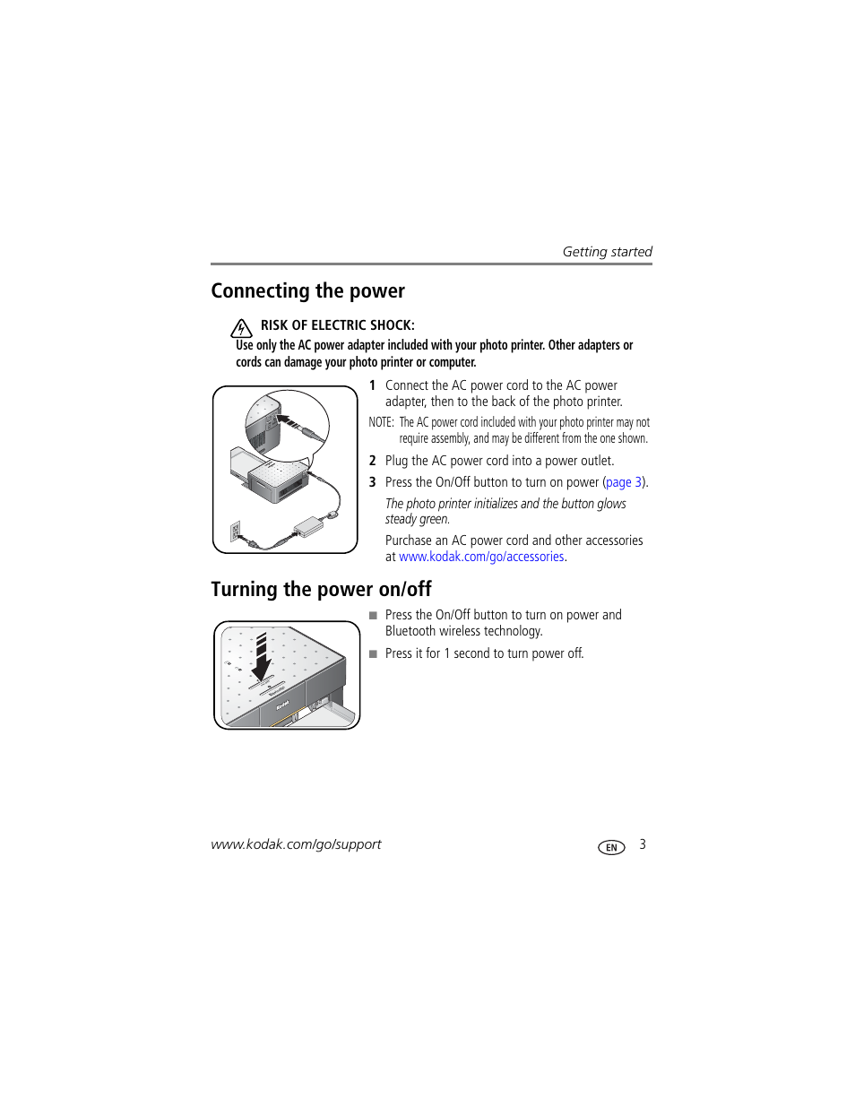 Connecting the power, Turning the power on/off, Connecting the power turning the power on/off | Kodak EasyShare 350 User Manual | Page 9 / 49