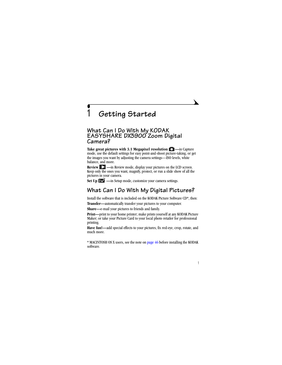 1 getting started, What can i do with my, What can i do with my digital pictures | Getting started | Kodak DX3900 User Manual | Page 11 / 105