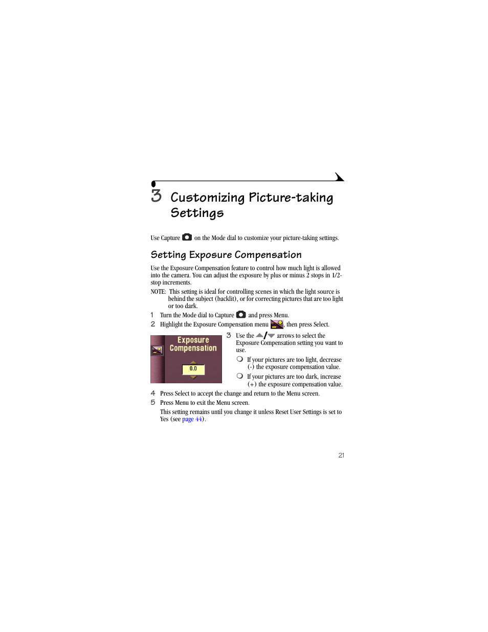 3 customizing picture-taking settings, Setting exposure compensation, Customizing picture-taking settings | Kodak DX3900 User Manual | Page 31 / 105