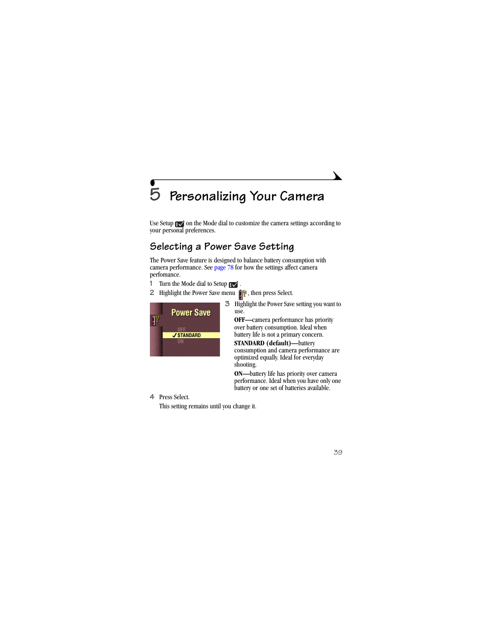 5 personalizing your camera, Selecting a power save setting, Personalizing your camera | Kodak DX3900 User Manual | Page 49 / 105