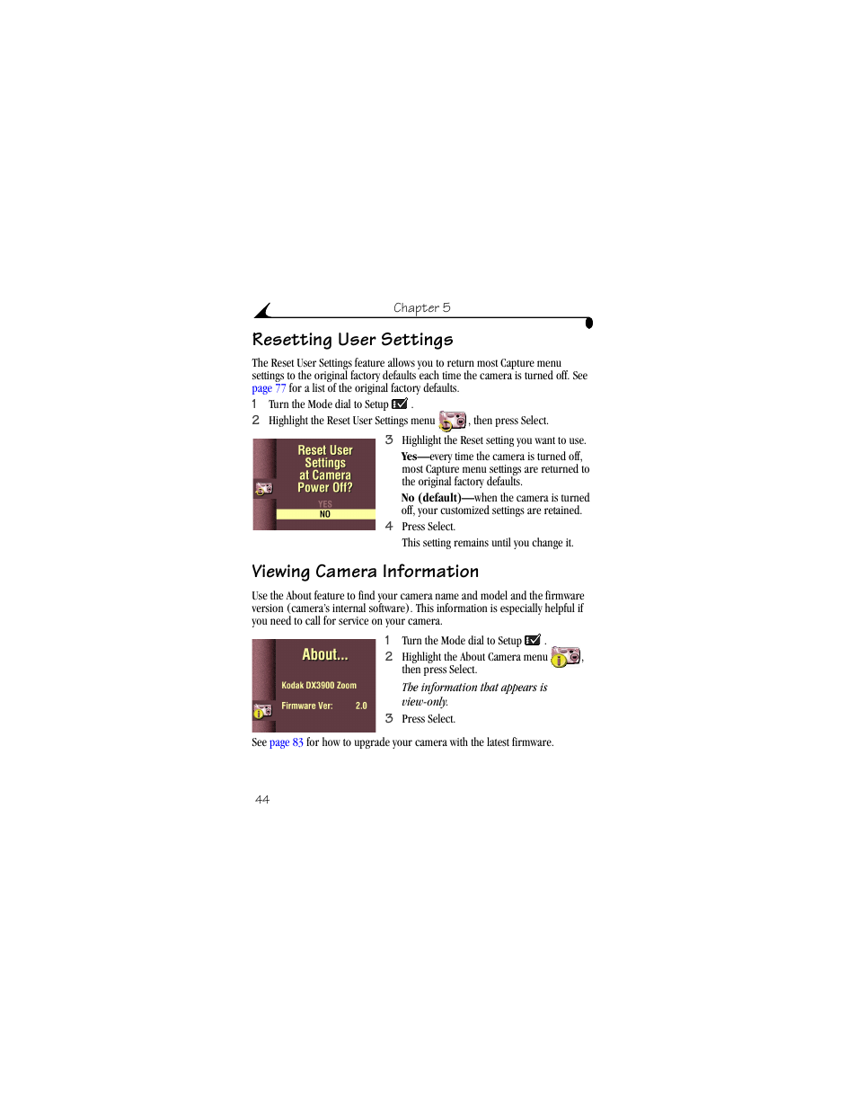 Resetting user settings, Viewing camera information, Resetting user settings viewing camera information | Kodak DX3900 User Manual | Page 54 / 105