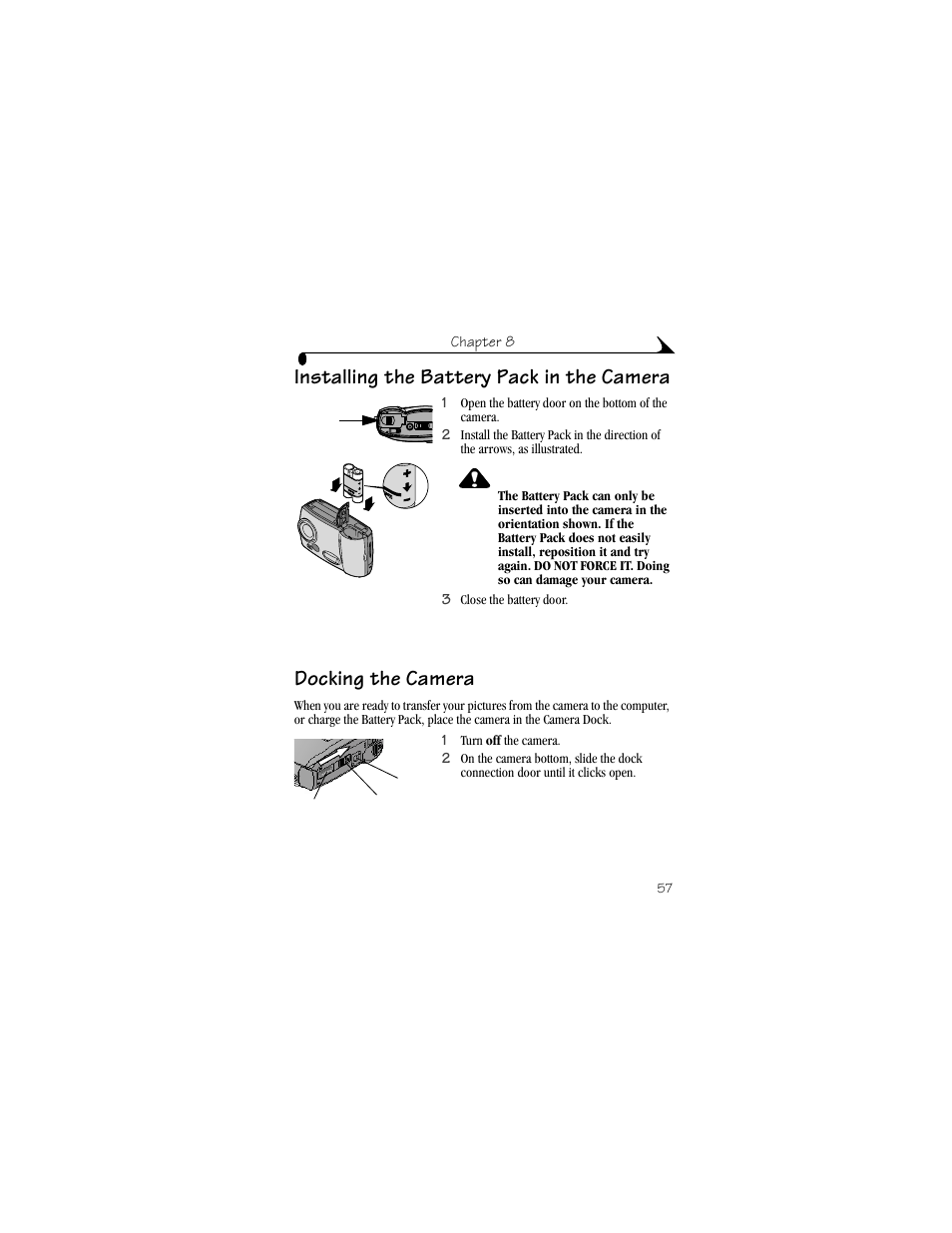 Installing the battery pack in the camera, Docking the camera | Kodak DX3900 User Manual | Page 67 / 105