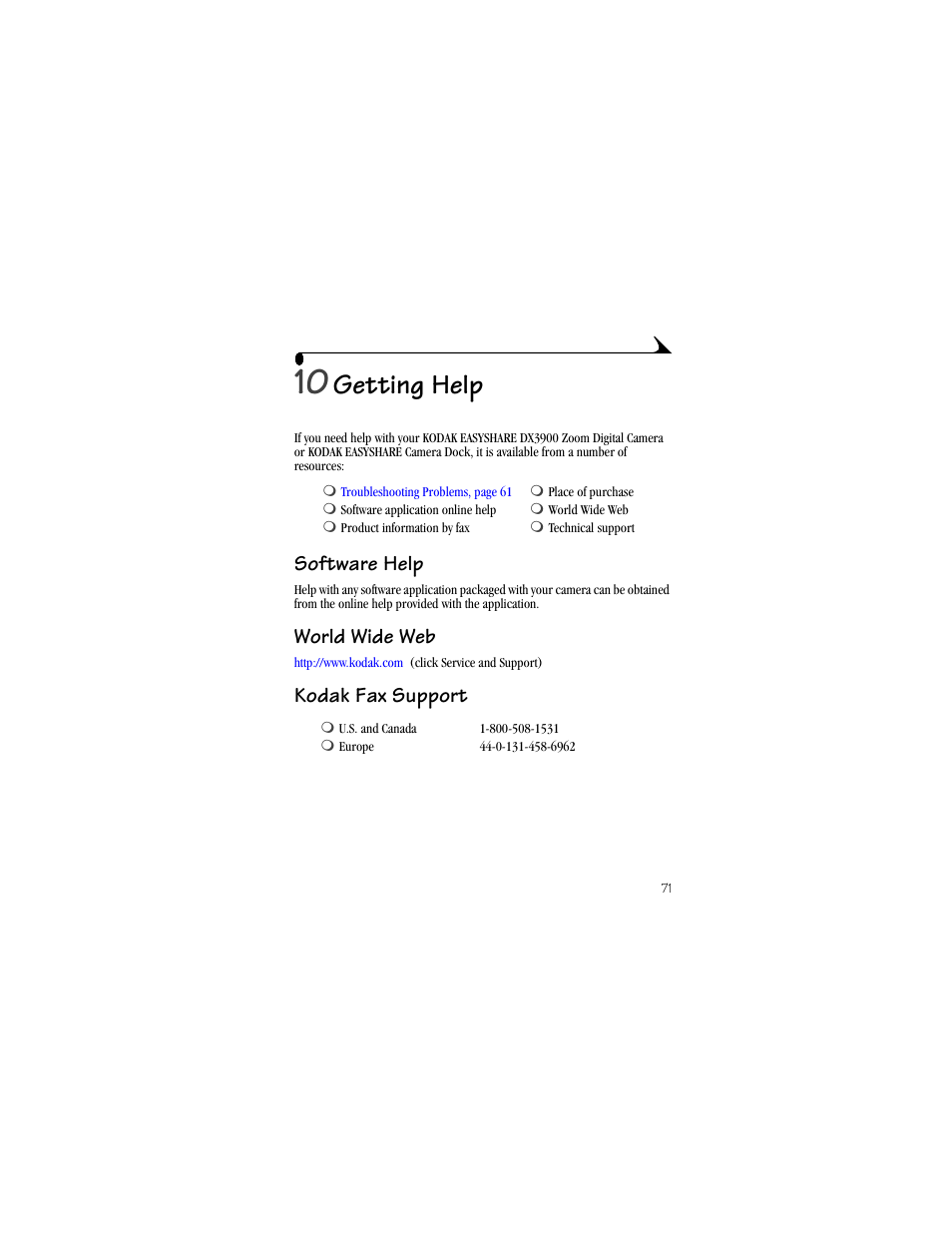 10 getting help, Software help, World wide web | Kodak fax support, Software help world wide web kodak fax support, Getting help | Kodak DX3900 User Manual | Page 81 / 105