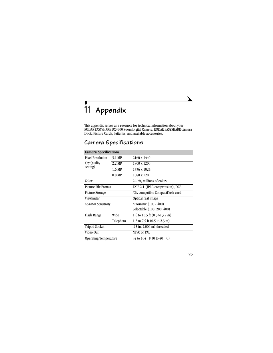 11 appendix, Camera specifications, Appendix | Kodak DX3900 User Manual | Page 85 / 105