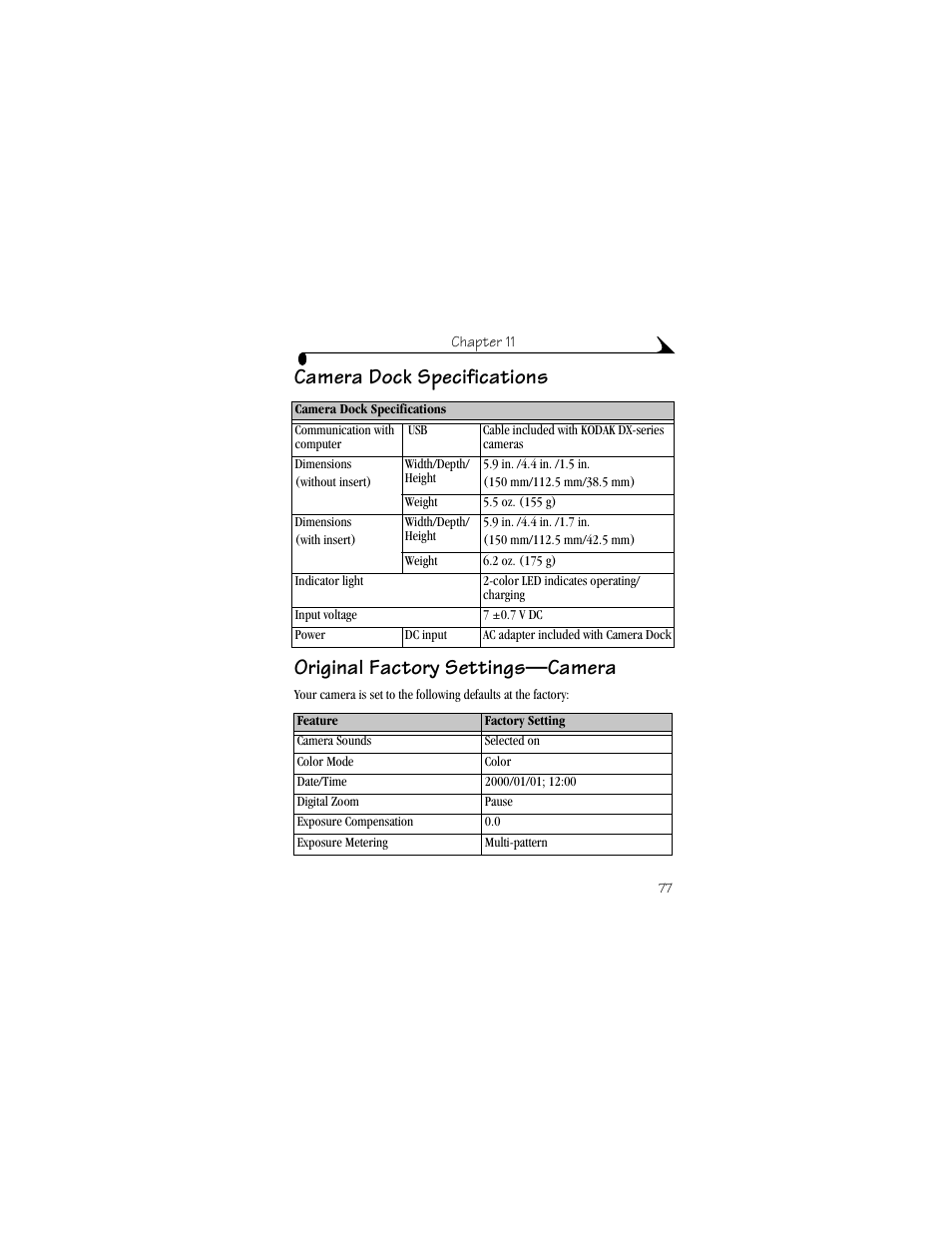 Camera dock specifications, Original factory settings—camera | Kodak DX3900 User Manual | Page 87 / 105