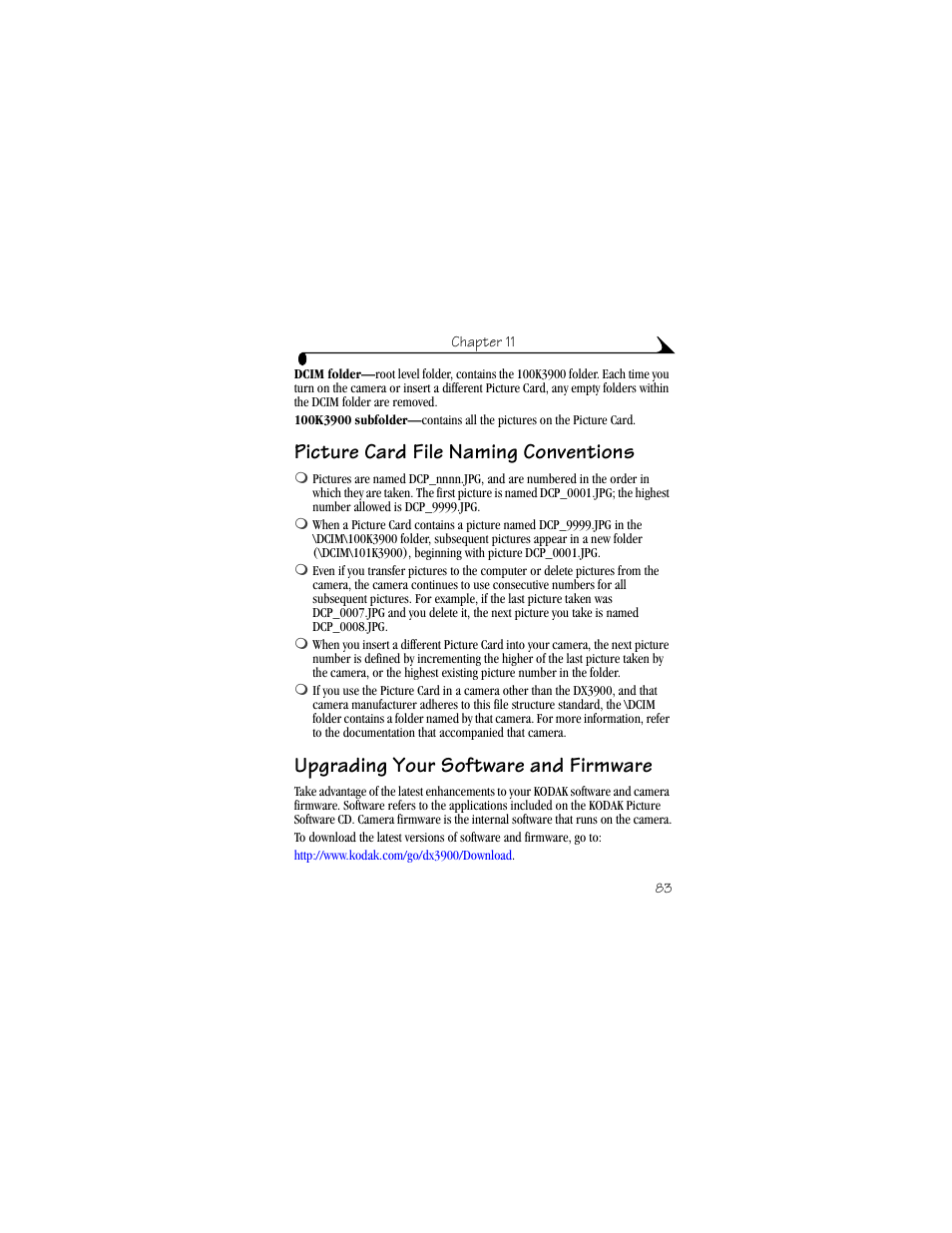 Picture card file naming conventions, Upgrading your software and firmware | Kodak DX3900 User Manual | Page 93 / 105