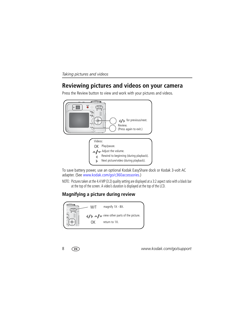 Magnifying a picture during review, Reviewing pictures and videos on your camera | Kodak EasyShare C360 User Manual | Page 14 / 68