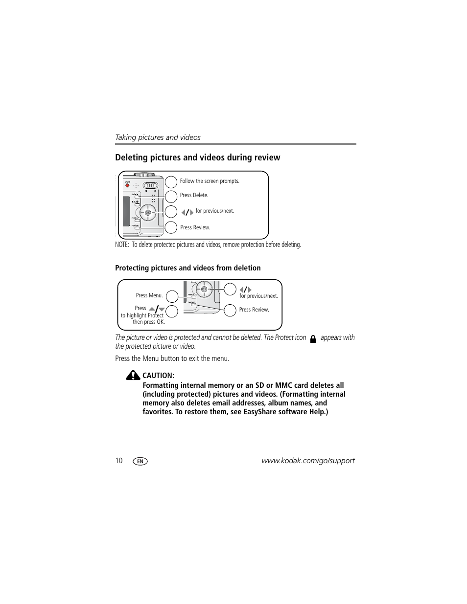 Deleting pictures and videos during review, Protecting pictures and videos from deletion | Kodak EasyShare C360 User Manual | Page 16 / 68