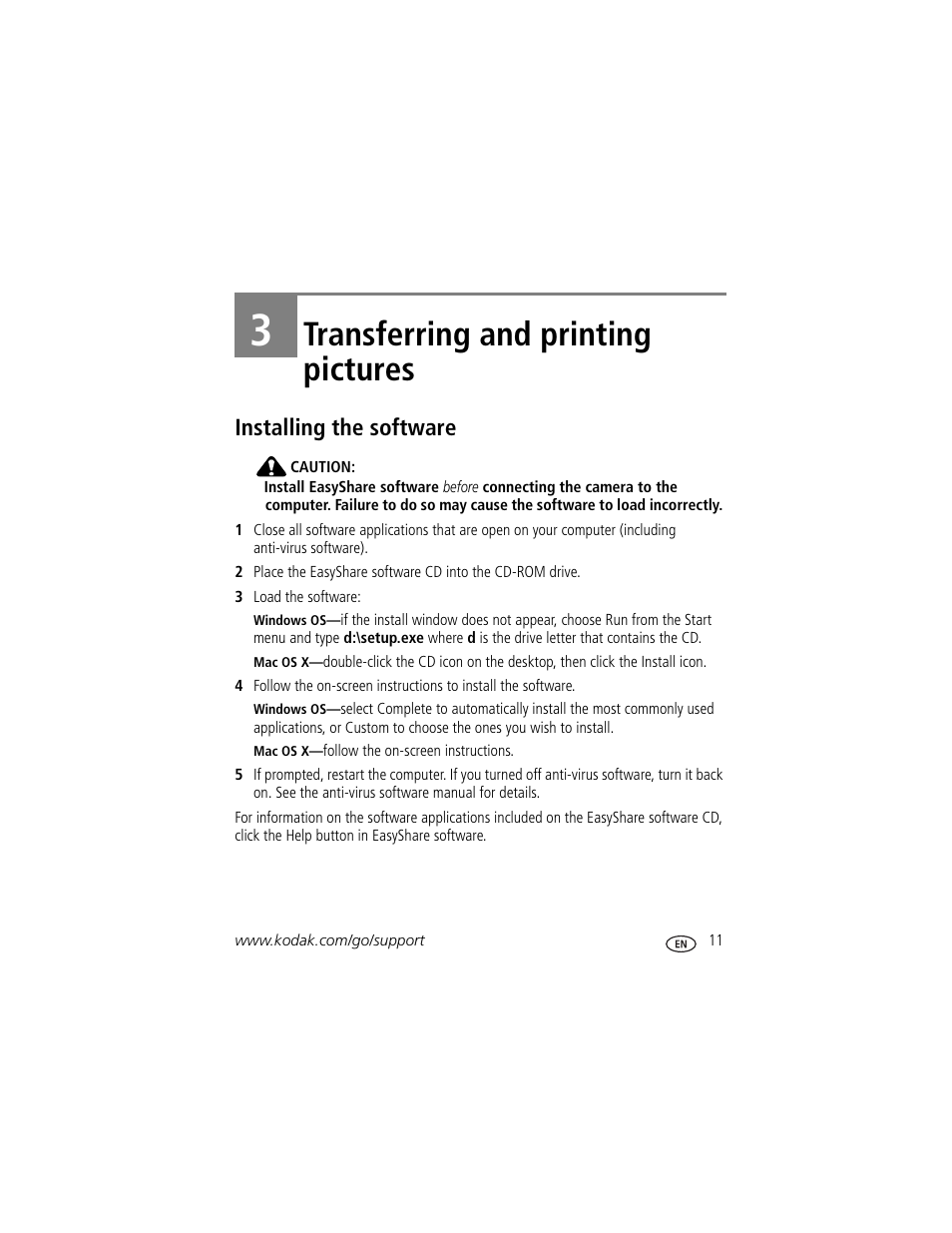 Transferring and printing pictures, Installing the software, 3 transferring and printing pictures | Kodak EasyShare C360 User Manual | Page 17 / 68