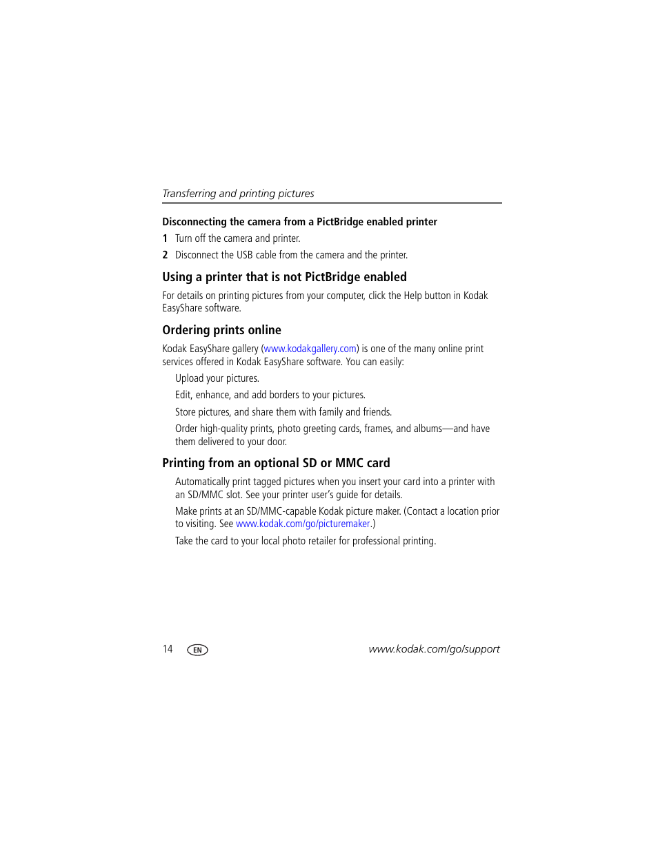 Using a printer that is not pictbridge enabled, Ordering prints online, Printing from an optional sd or mmc card | Kodak EasyShare C360 User Manual | Page 20 / 68