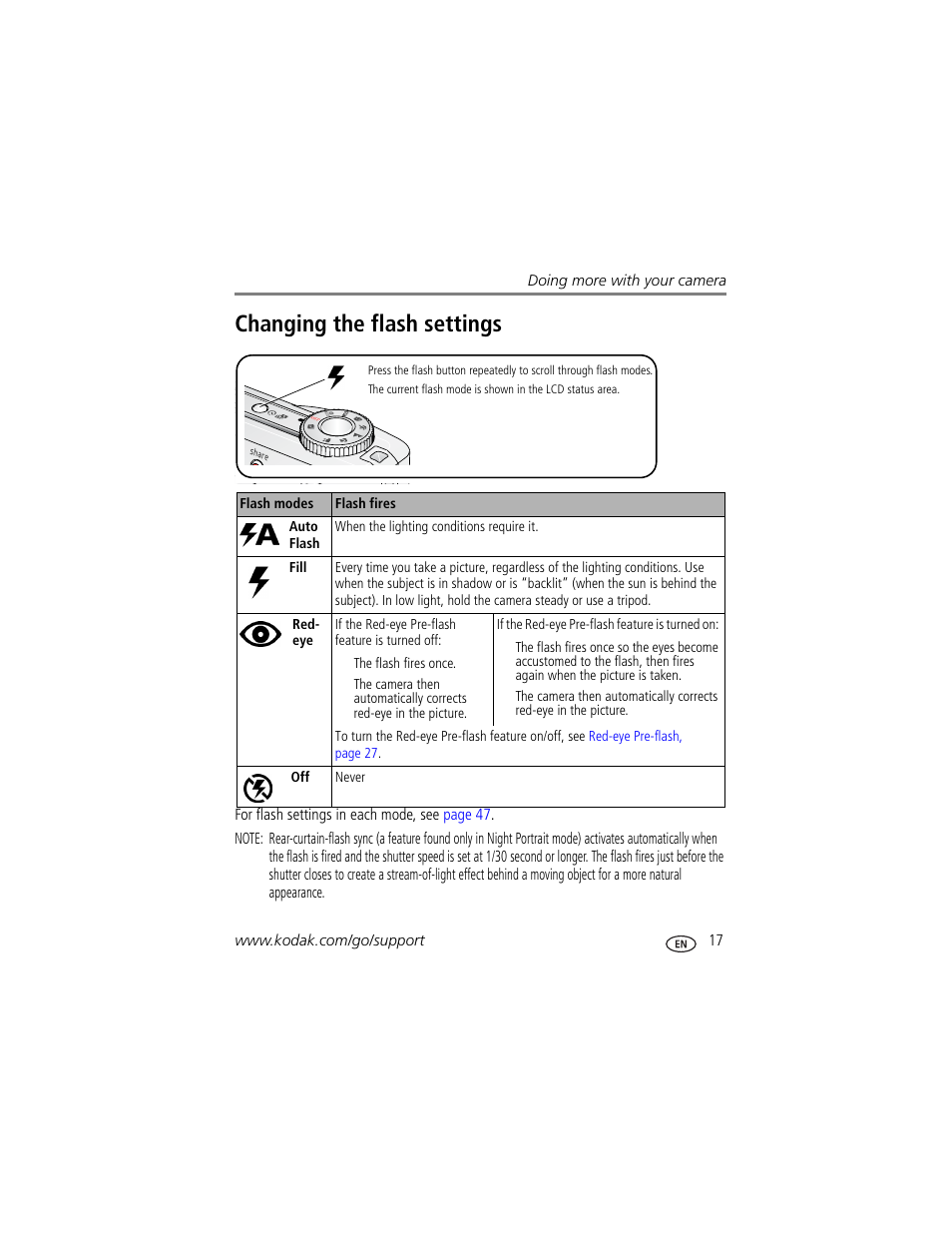Changing the flash settings | Kodak EasyShare C360 User Manual | Page 23 / 68