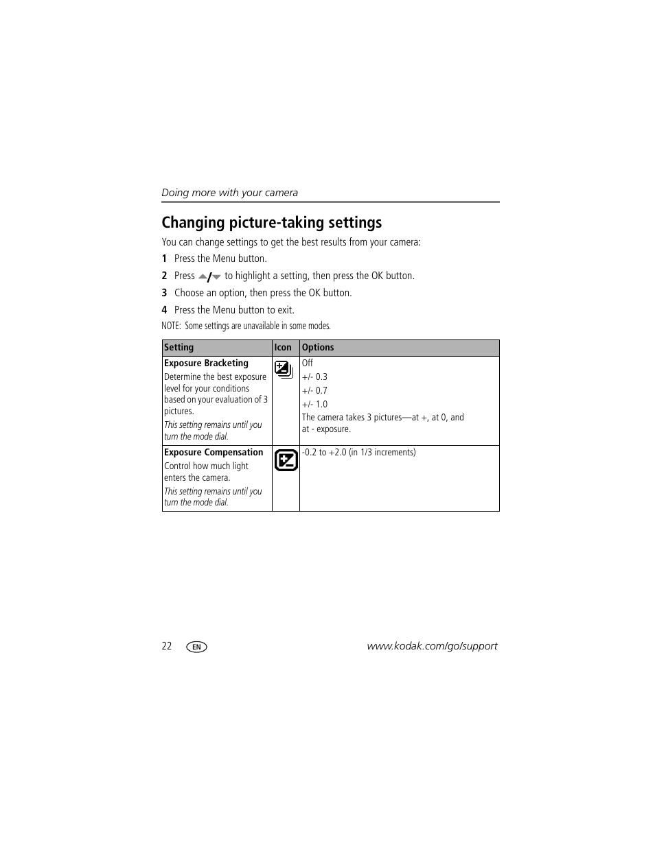 Changing picture-taking settings | Kodak EasyShare C360 User Manual | Page 28 / 68