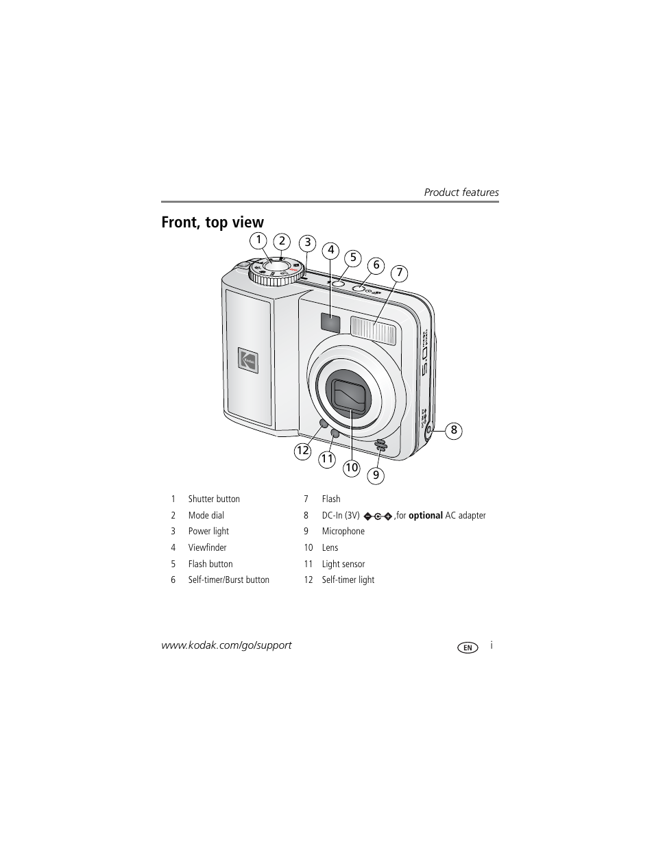 Product features, Front, top view | Kodak EasyShare C360 User Manual | Page 3 / 68