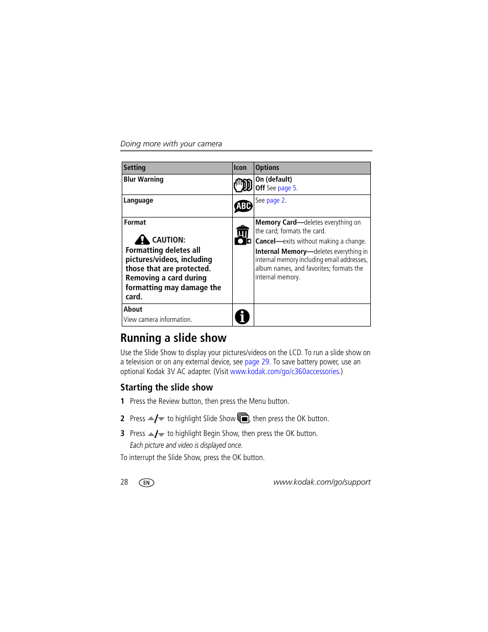 Running a slide show, Starting the slide show | Kodak EasyShare C360 User Manual | Page 34 / 68