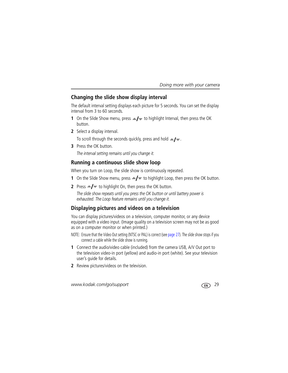 Changing the slide show display interval, Running a continuous slide show loop, Displaying pictures and videos on a television | Kodak EasyShare C360 User Manual | Page 35 / 68