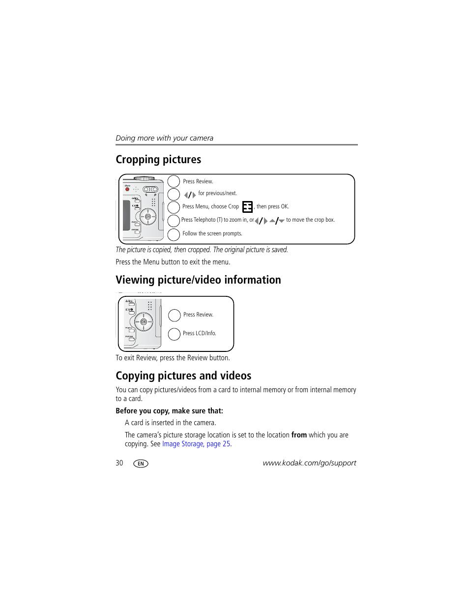 Cropping pictures, Viewing picture/video information, Copying pictures and videos | Kodak EasyShare C360 User Manual | Page 36 / 68