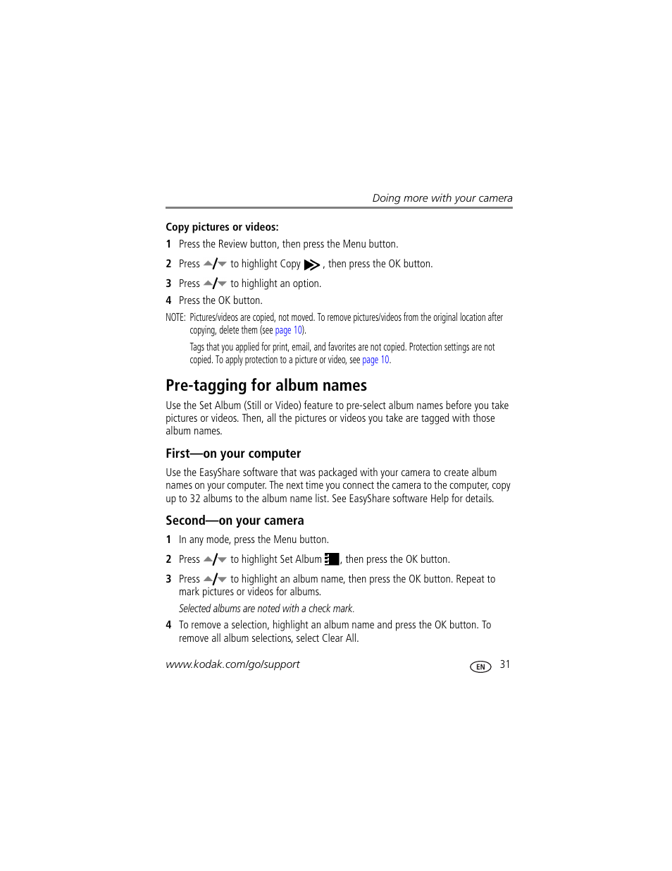 Pre-tagging for album names, First-on your computer, Second-on your camera | Kodak EasyShare C360 User Manual | Page 37 / 68