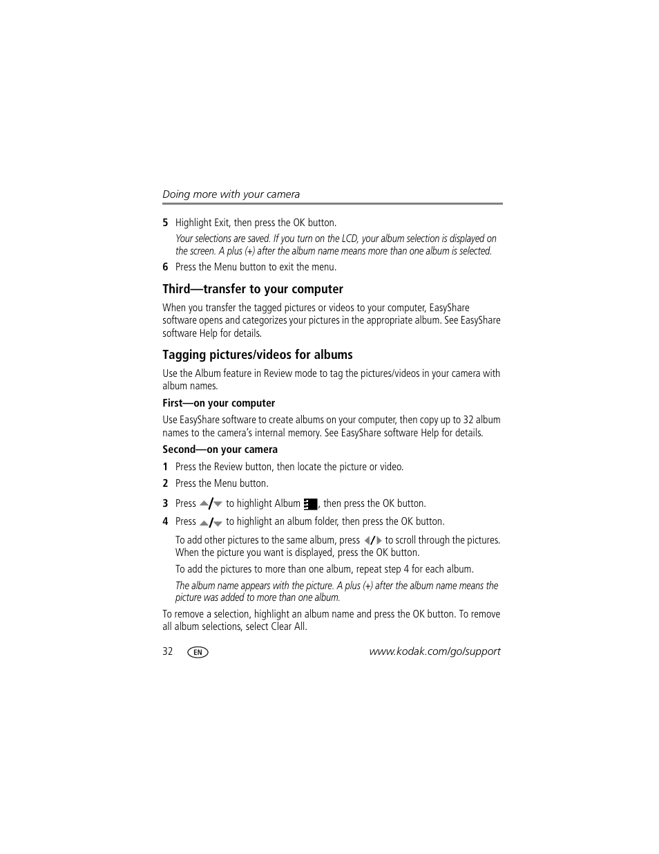 Third-transfer to your computer, Tagging pictures/videos for albums, First-on your computer | Second-on your camera | Kodak EasyShare C360 User Manual | Page 38 / 68
