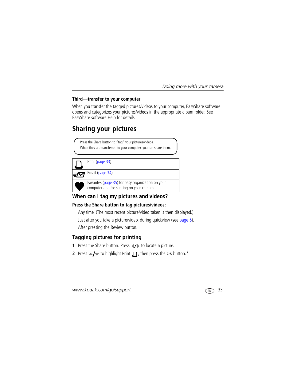 Third-transfer to your computer, Sharing your pictures, When can i tag my pictures and videos | Tagging pictures for printing | Kodak EasyShare C360 User Manual | Page 39 / 68
