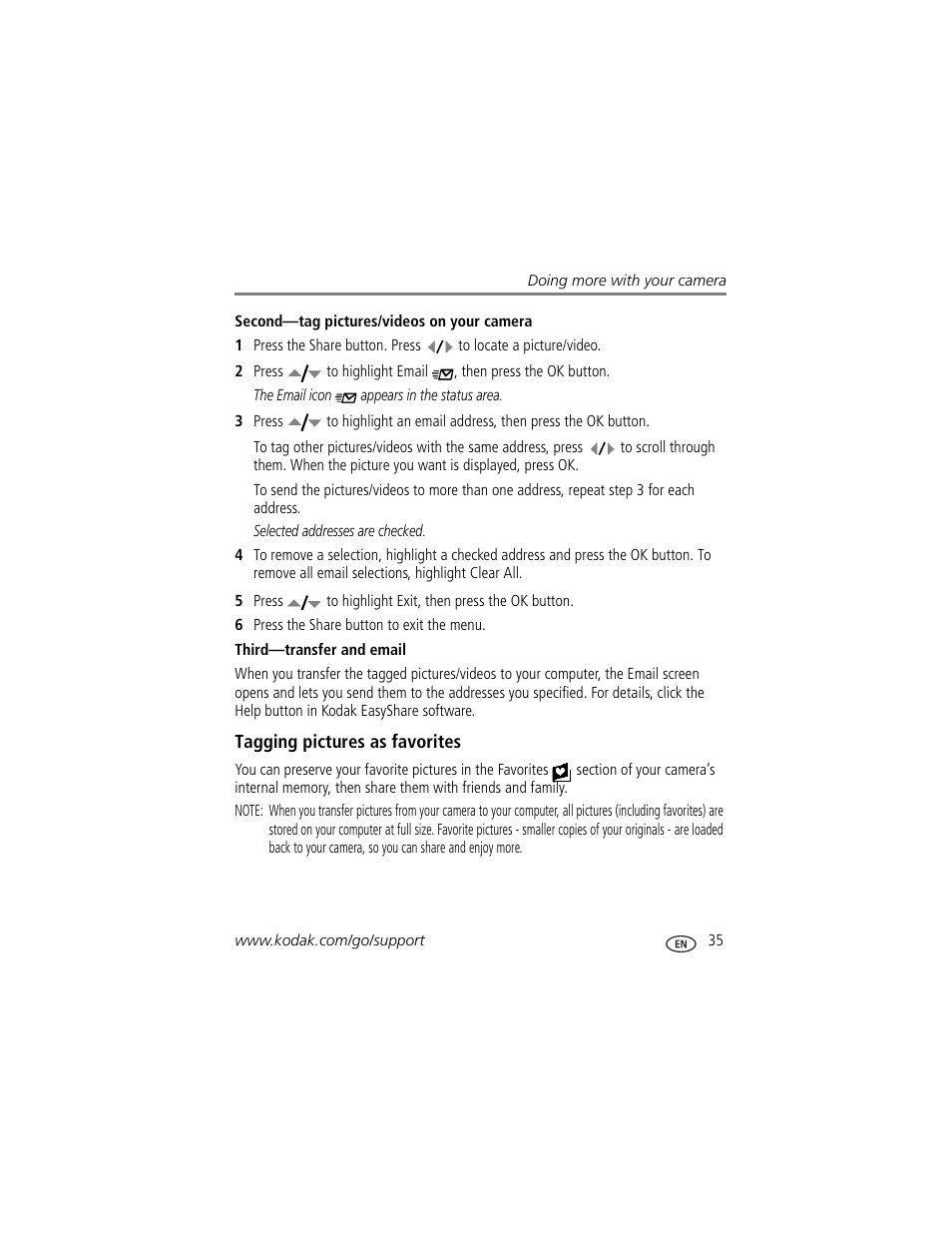 Third-transfer and email, Tagging pictures as favorites | Kodak EasyShare C360 User Manual | Page 41 / 68