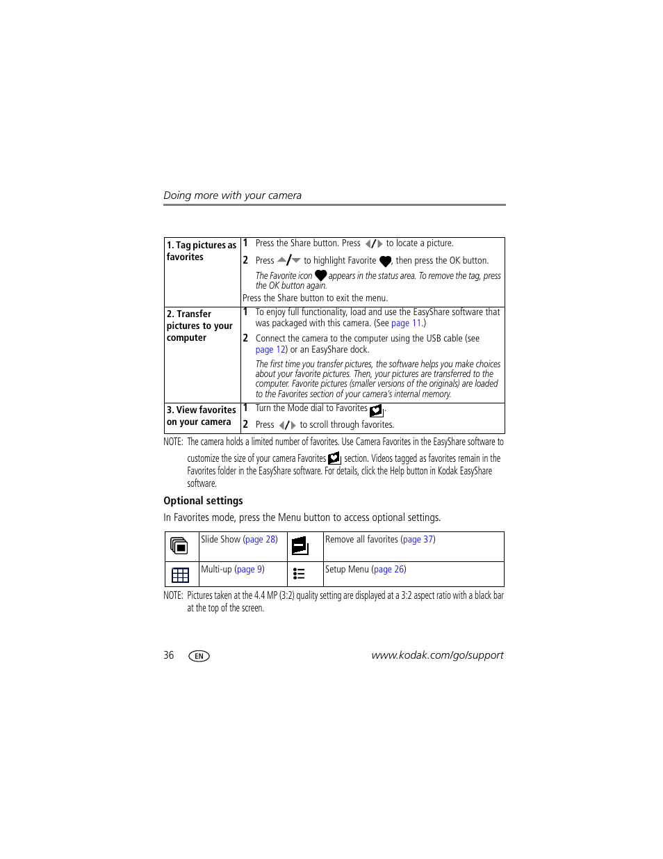 Optional settings | Kodak EasyShare C360 User Manual | Page 42 / 68