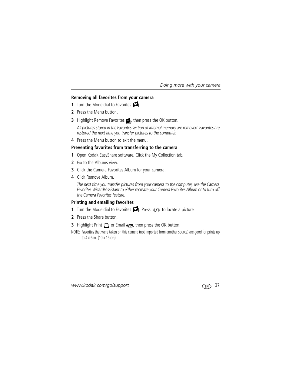 Printing and emailing favorites | Kodak EasyShare C360 User Manual | Page 43 / 68