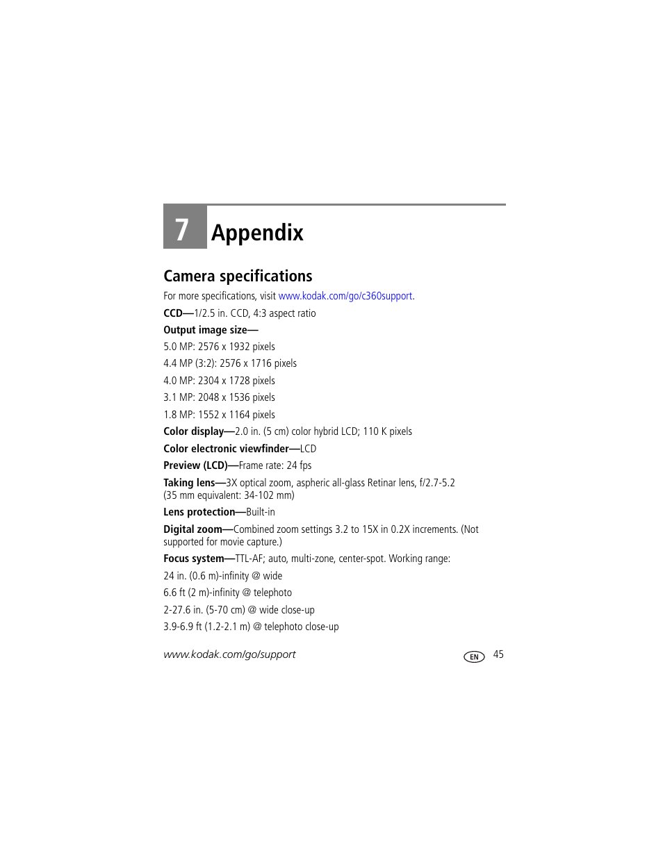 Appendix, Camera specifications, 7 appendix | Kodak EasyShare C360 User Manual | Page 51 / 68