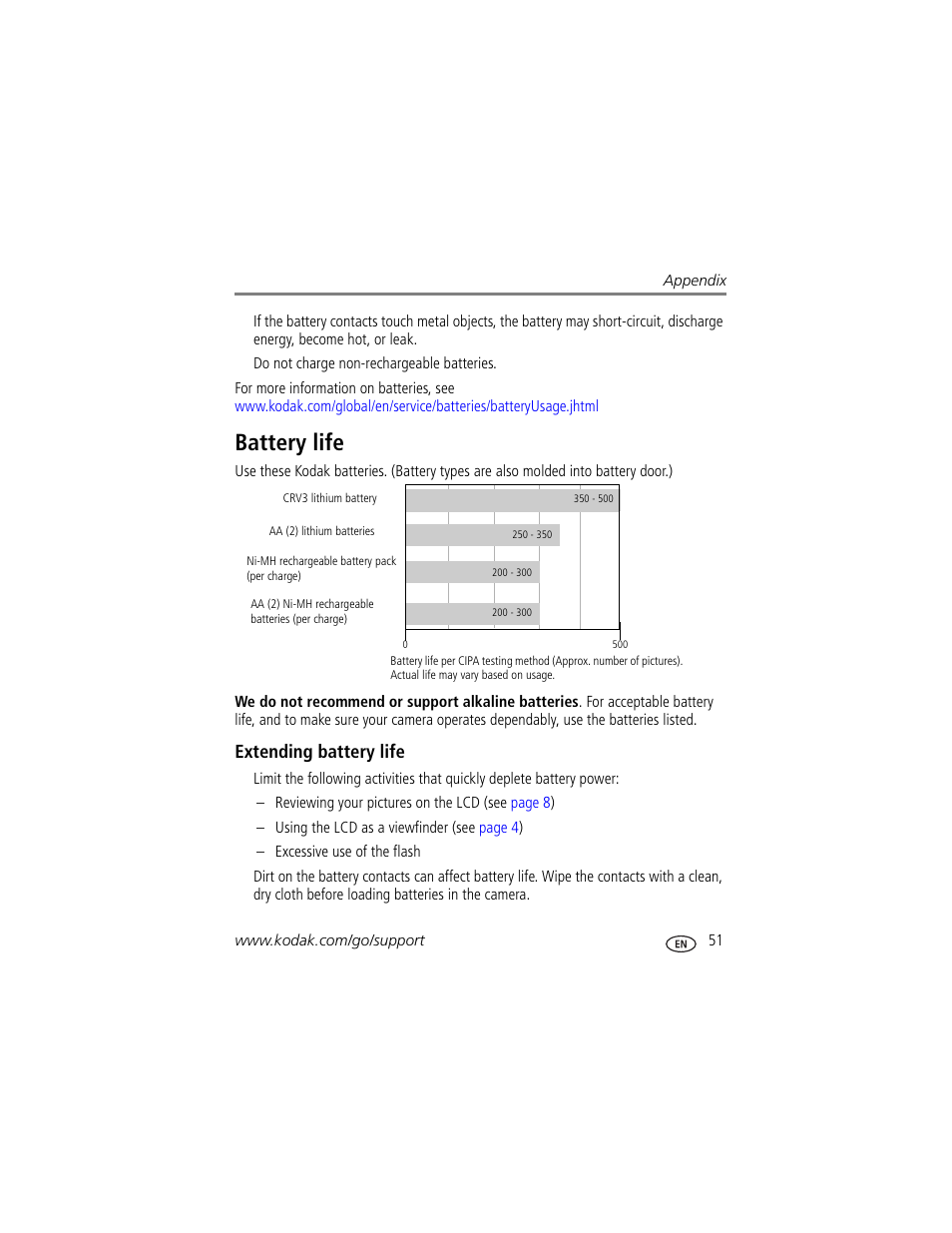 Battery life, Extending battery life | Kodak EasyShare C360 User Manual | Page 57 / 68