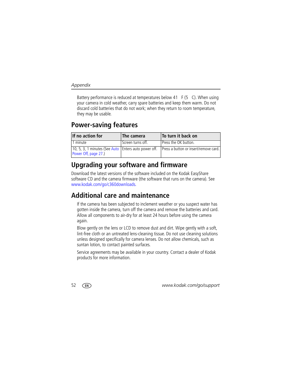 Power-saving features, Upgrading your software and firmware, Additional care and maintenance | Ean the lens | Kodak EasyShare C360 User Manual | Page 58 / 68