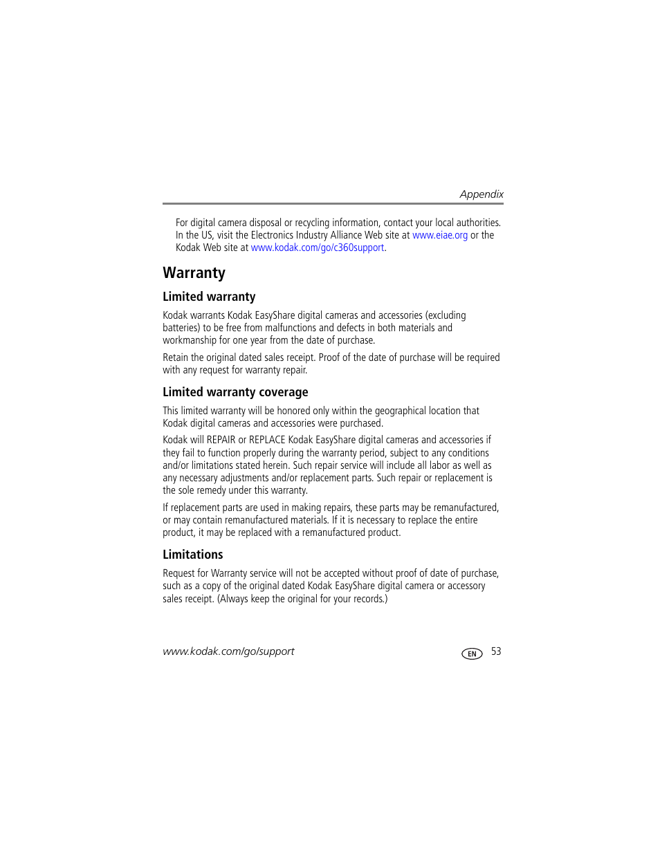 Warranty, Limited warranty, Limited warranty coverage | Limitations | Kodak EasyShare C360 User Manual | Page 59 / 68