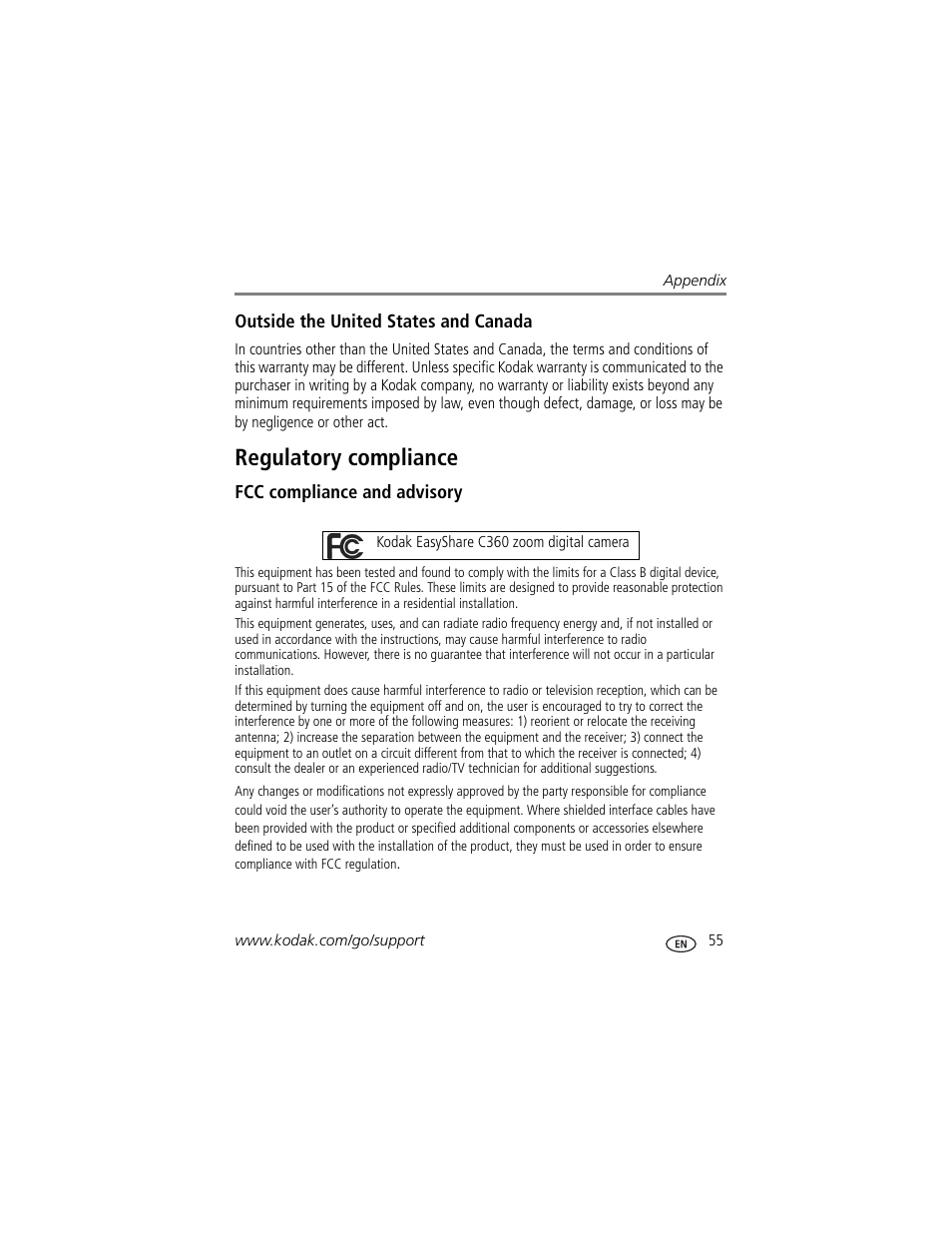 Regulatory compliance, Fcc compliance and advisory | Kodak EasyShare C360 User Manual | Page 61 / 68