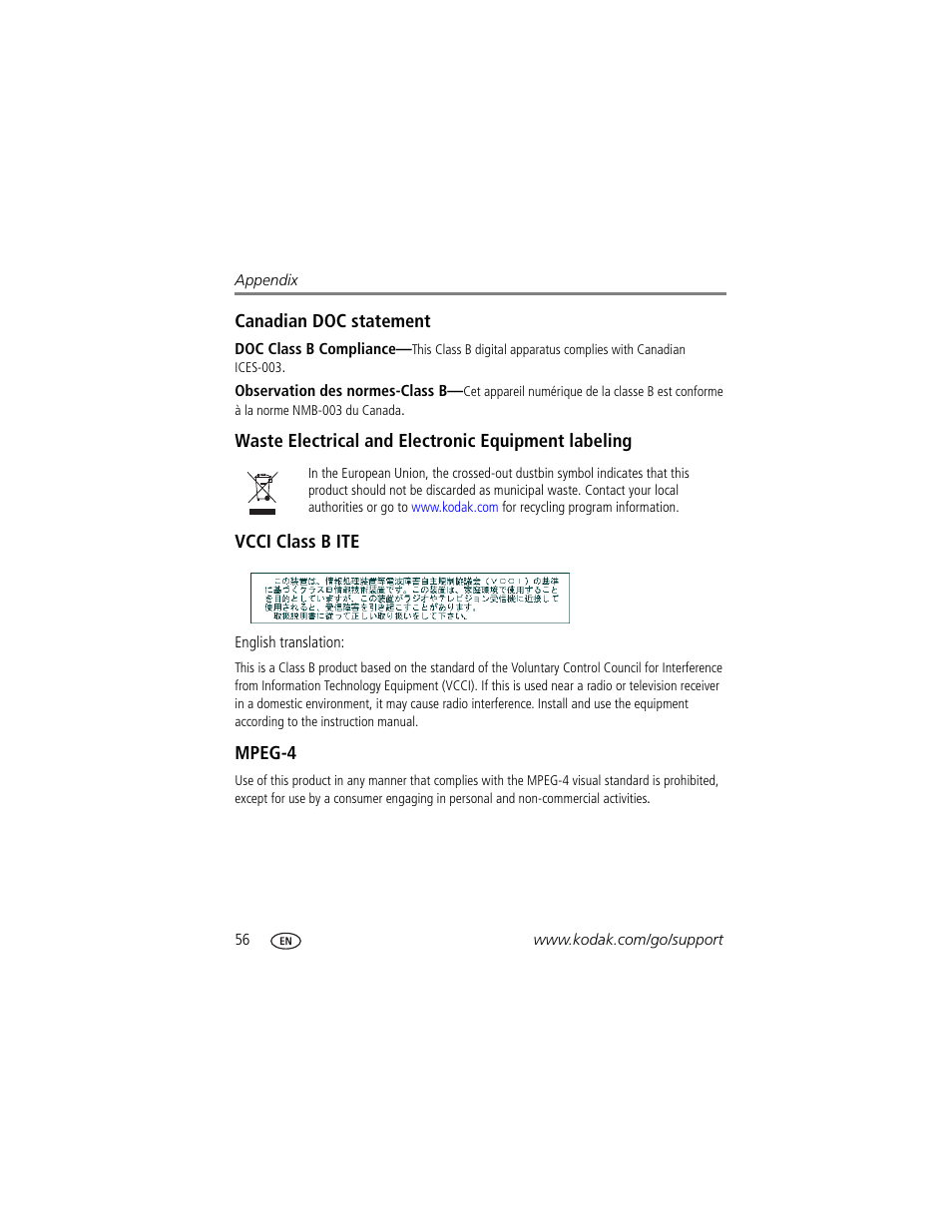 Canadian doc statement, Waste electrical and electronic equipment labeling, Vcci class b ite | Mpeg-4 | Kodak EasyShare C360 User Manual | Page 62 / 68