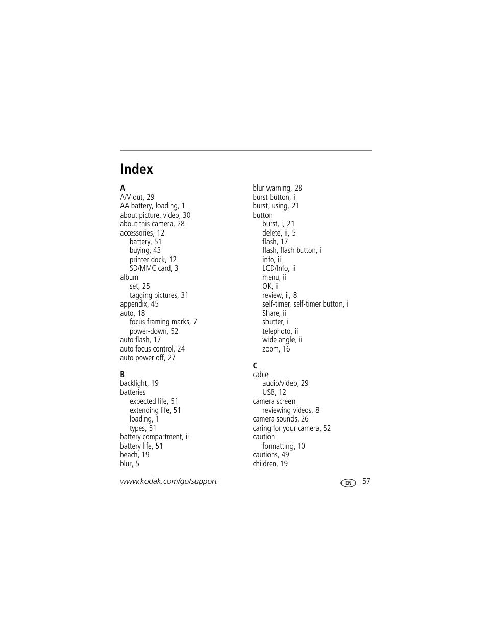 Index | Kodak EasyShare C360 User Manual | Page 63 / 68