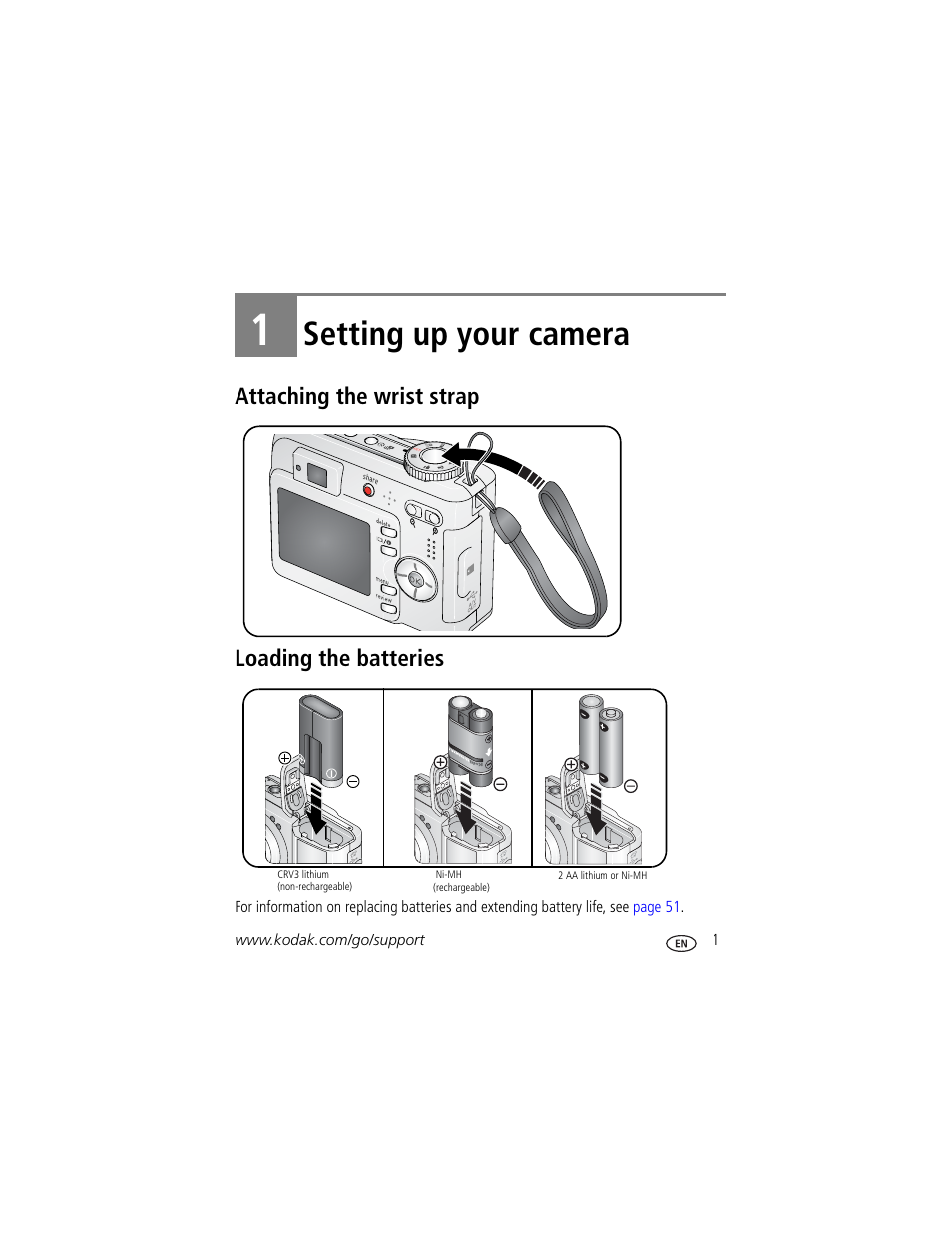 Setting up your camera, Attaching the wrist strap, Loading the batteries | 1 setting up your camera, Attaching the wrist strap loading the batteries | Kodak EasyShare C360 User Manual | Page 7 / 68