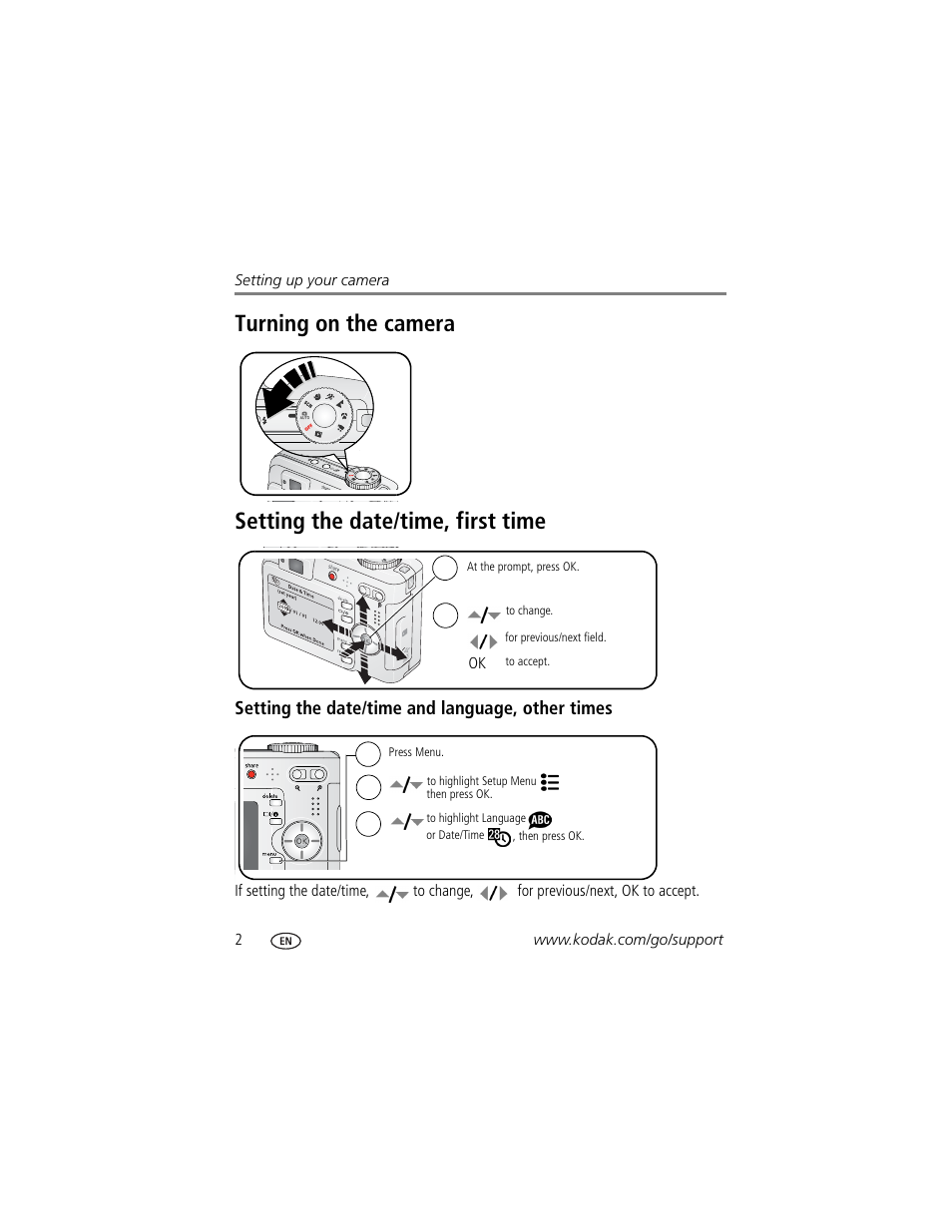 Turning on the camera, Setting the date/time, first time, Setting the date/time and language, other times | Kodak EasyShare C360 User Manual | Page 8 / 68