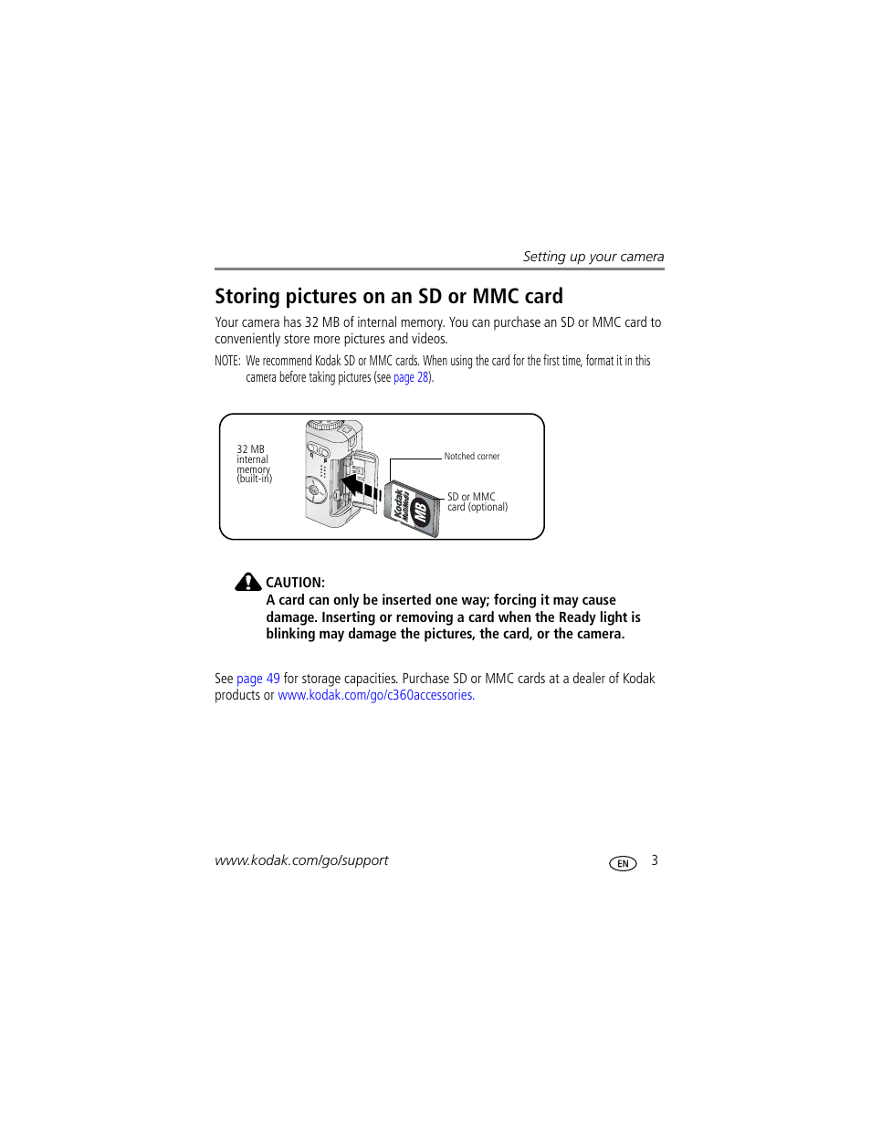 Storing pictures on an sd or mmc card | Kodak EasyShare C360 User Manual | Page 9 / 68