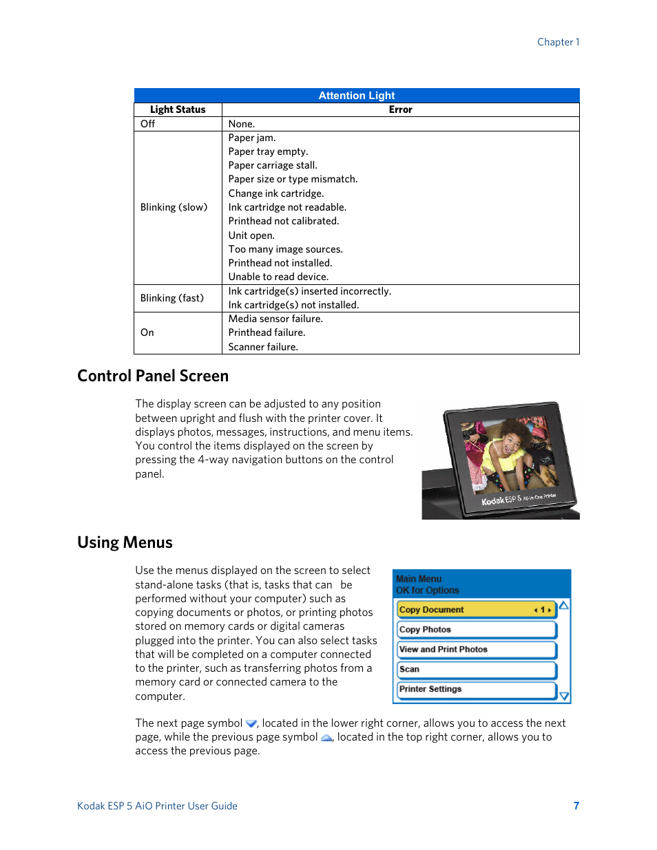 Control panel screen, Using menus | Kodak ESP 5 User Manual | Page 13 / 81