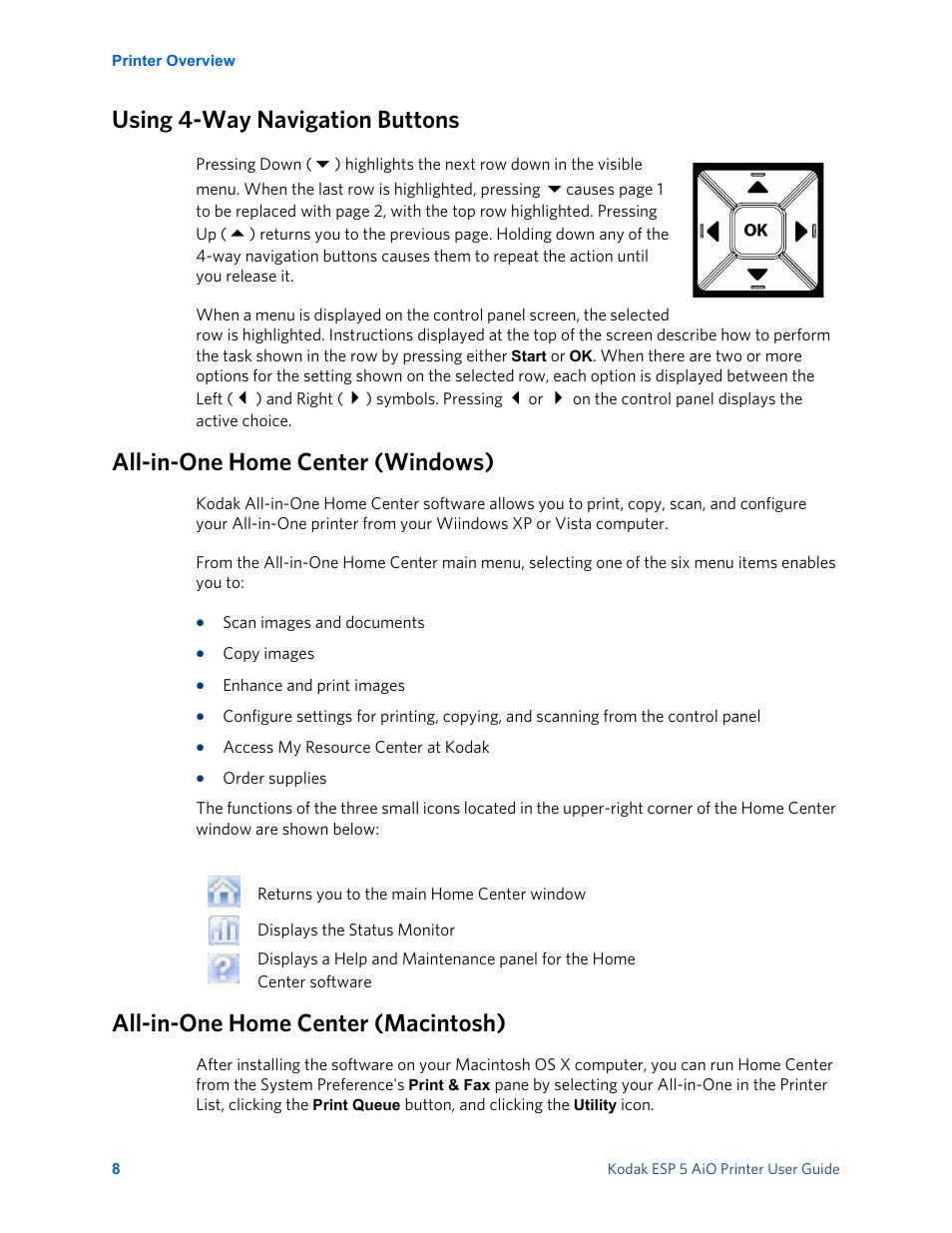 Using 4-way navigation buttons, All-in-one home center (windows), All-in-one home center (macintosh) | Kodak ESP 5 User Manual | Page 14 / 81