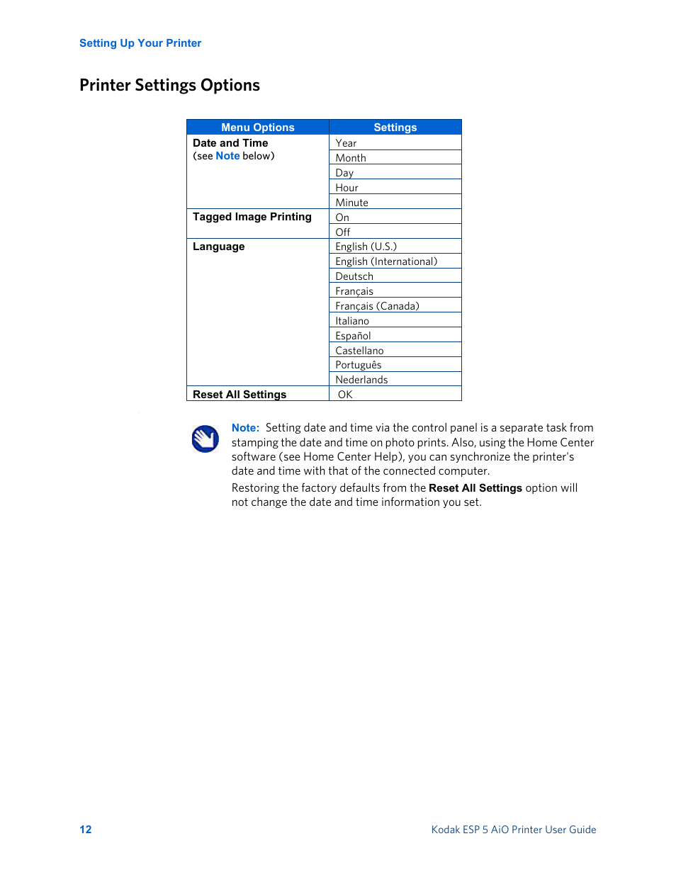 Printer settings options | Kodak ESP 5 User Manual | Page 18 / 81