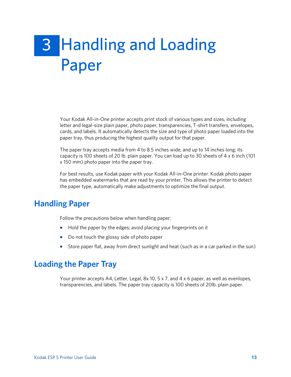 Handling and loading paper, Handling paper, Loading the paper tray | 3handling and loading paper 3 | Kodak ESP 5 User Manual | Page 19 / 81